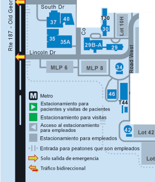 Zona azul sudoeste - La salida de evacuación principal de la zona azul sudoeste es Center Drive